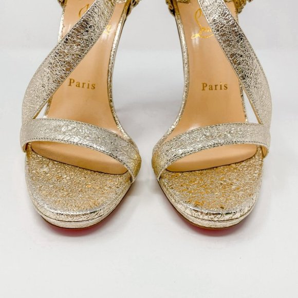 Christian Louboutin Colankle Gold Foil Leather Ruffle Strapped Heels Pumps 37.5 - Picture 11 of 16